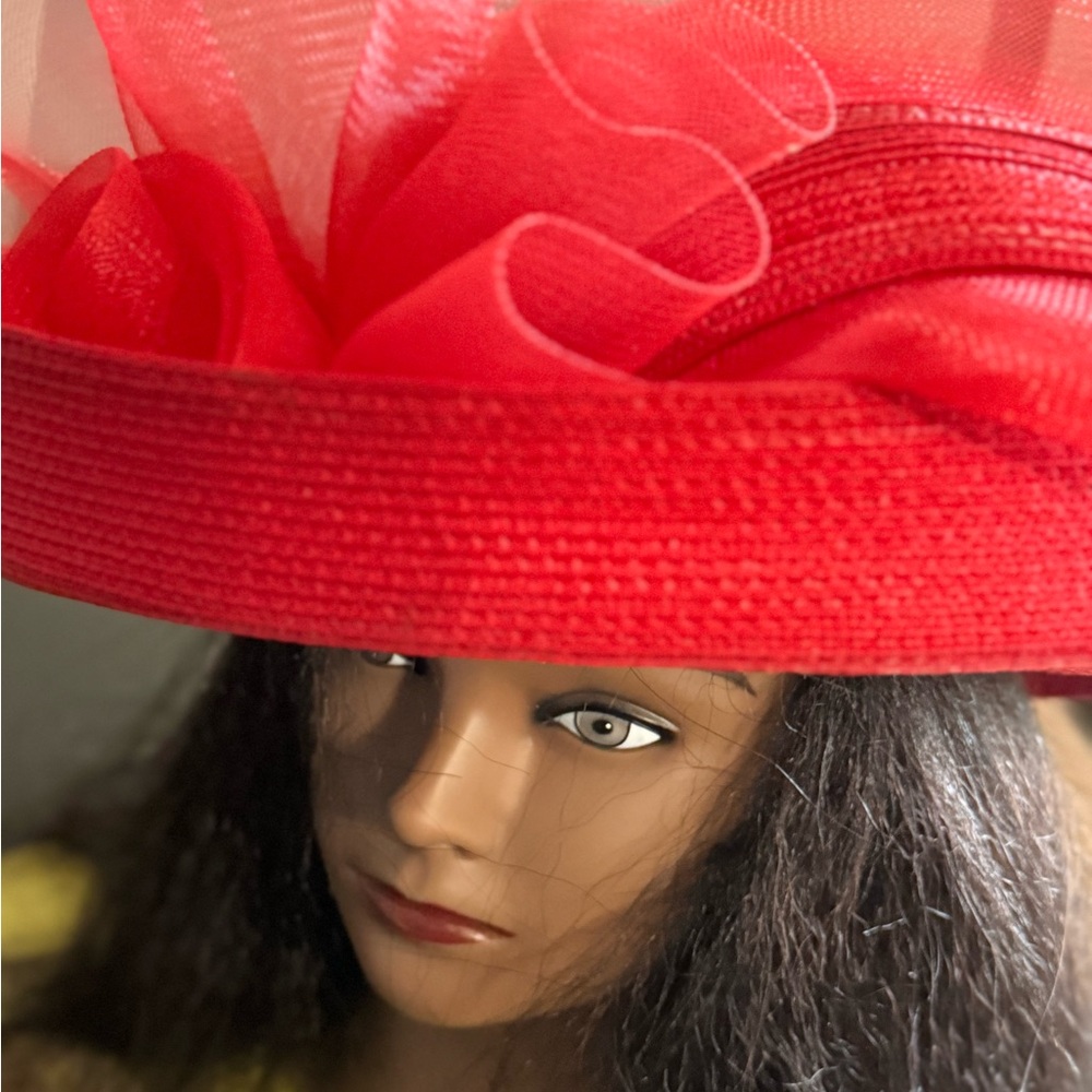Deborah New York Red Church Hat Wide Brim Mesh Ruffle Formal Dress Hat